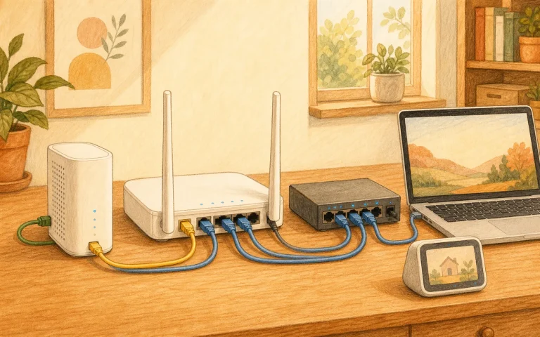 暖色手绘风的家庭局域网：光猫、Wi-Fi 路由器、交换机与网线连接插画