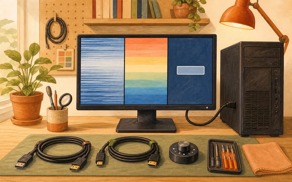 暖色手绘风的显示器、台式主机、DisplayPort 和 HDMI 线材故障排查插画