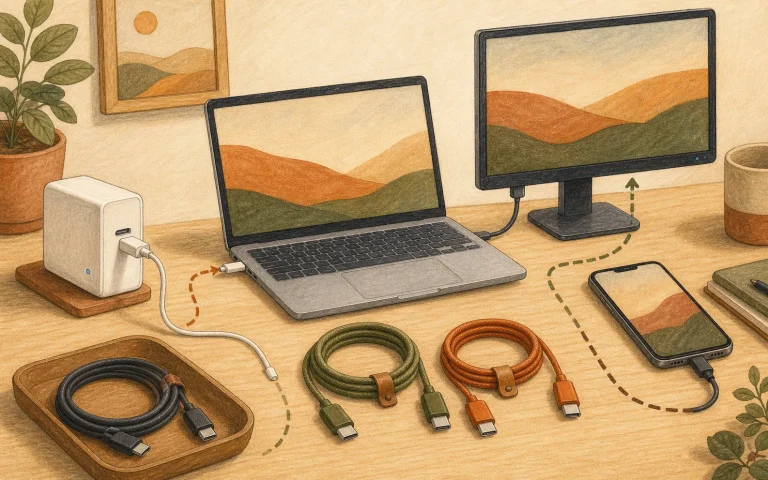 暖色手绘风的笔记本、手机、显示器、充电器与多根 USB-C 数据线插画